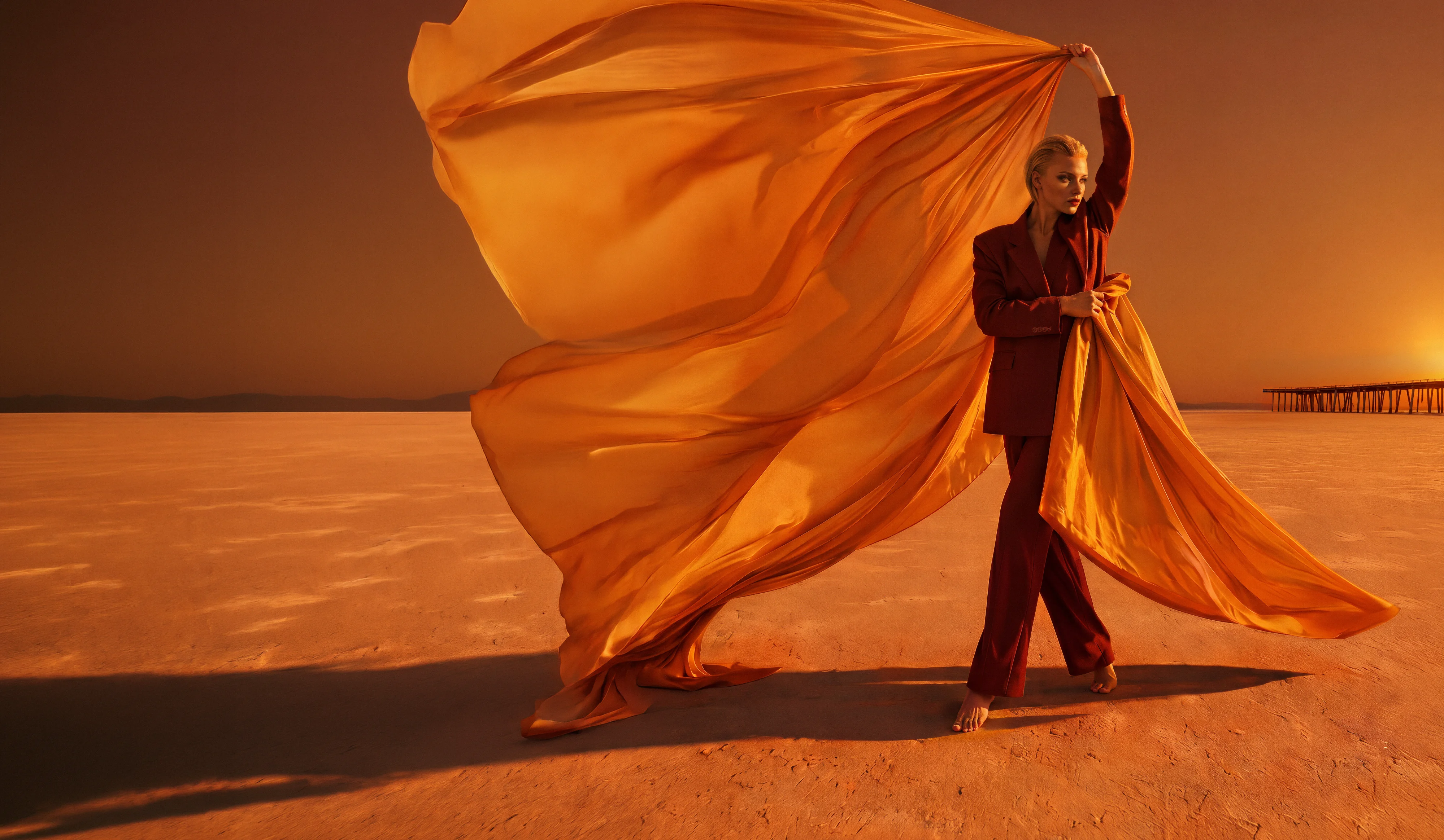 A figure walking through desert light trailing a long sweep of orange silk